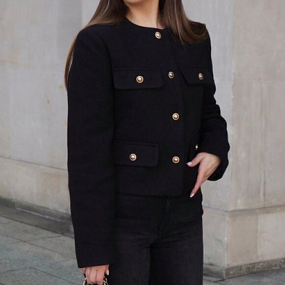 Black Elegant Women's Casual Tweed Jacket Decorated Long Sleeve Coat - Picture 4 of 8